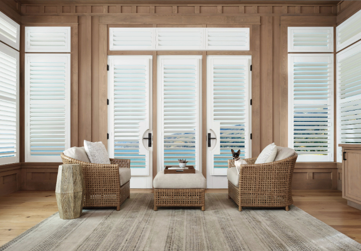 plantation shutters on windows overlooking the water