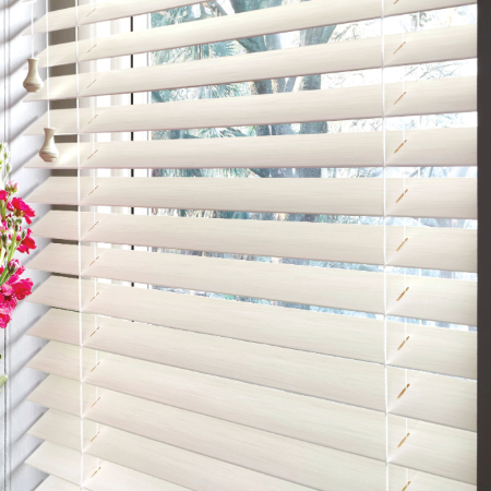 Faux wood blinds close up